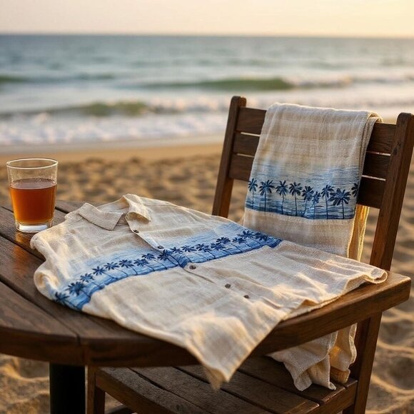 Island Shores XL Beige & Blue Palm Rayon Hawaiian Shirt - Picture 3 of 11